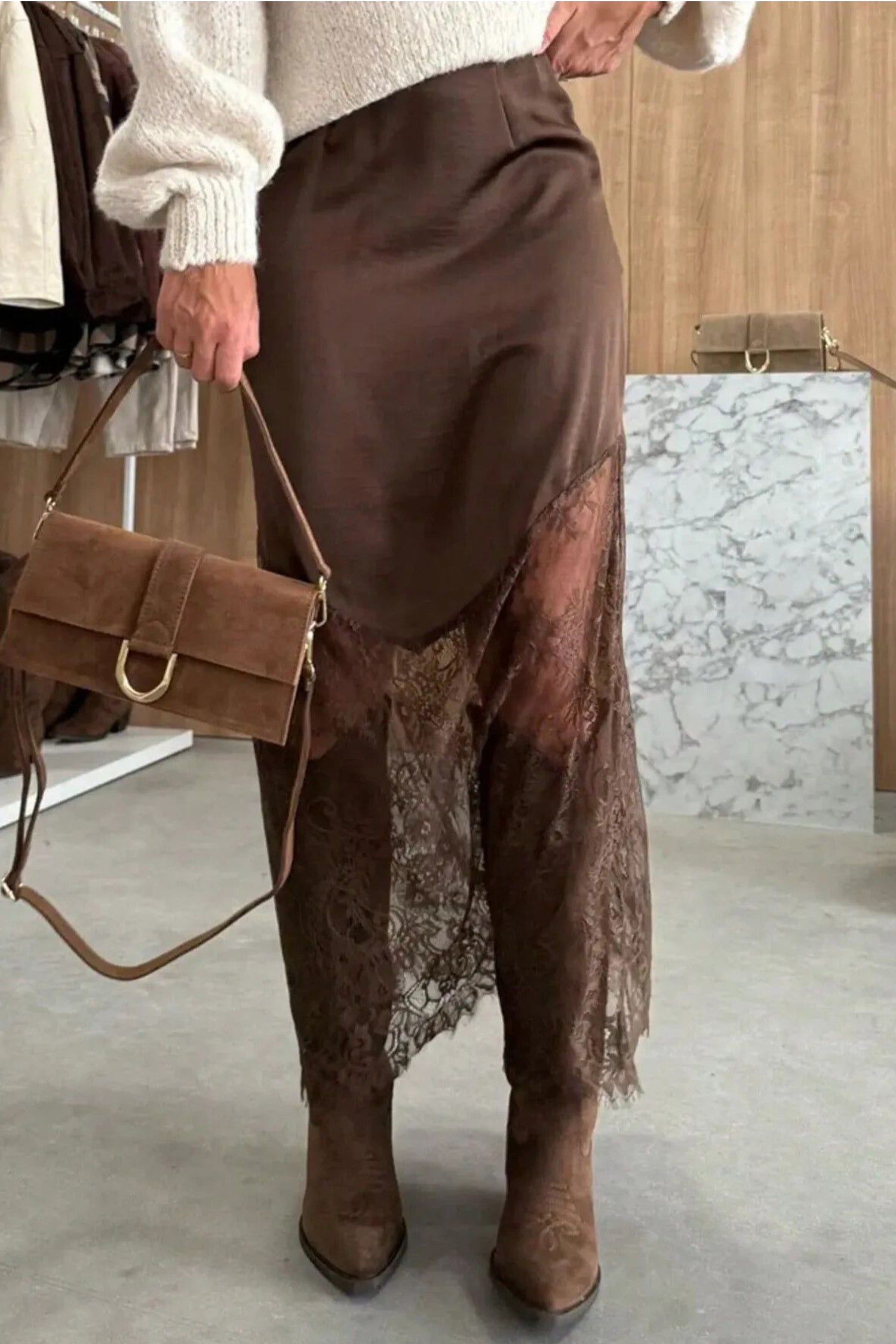 Lace Patchwork Hem Long Casual Shift Skirt – Dark Brown
