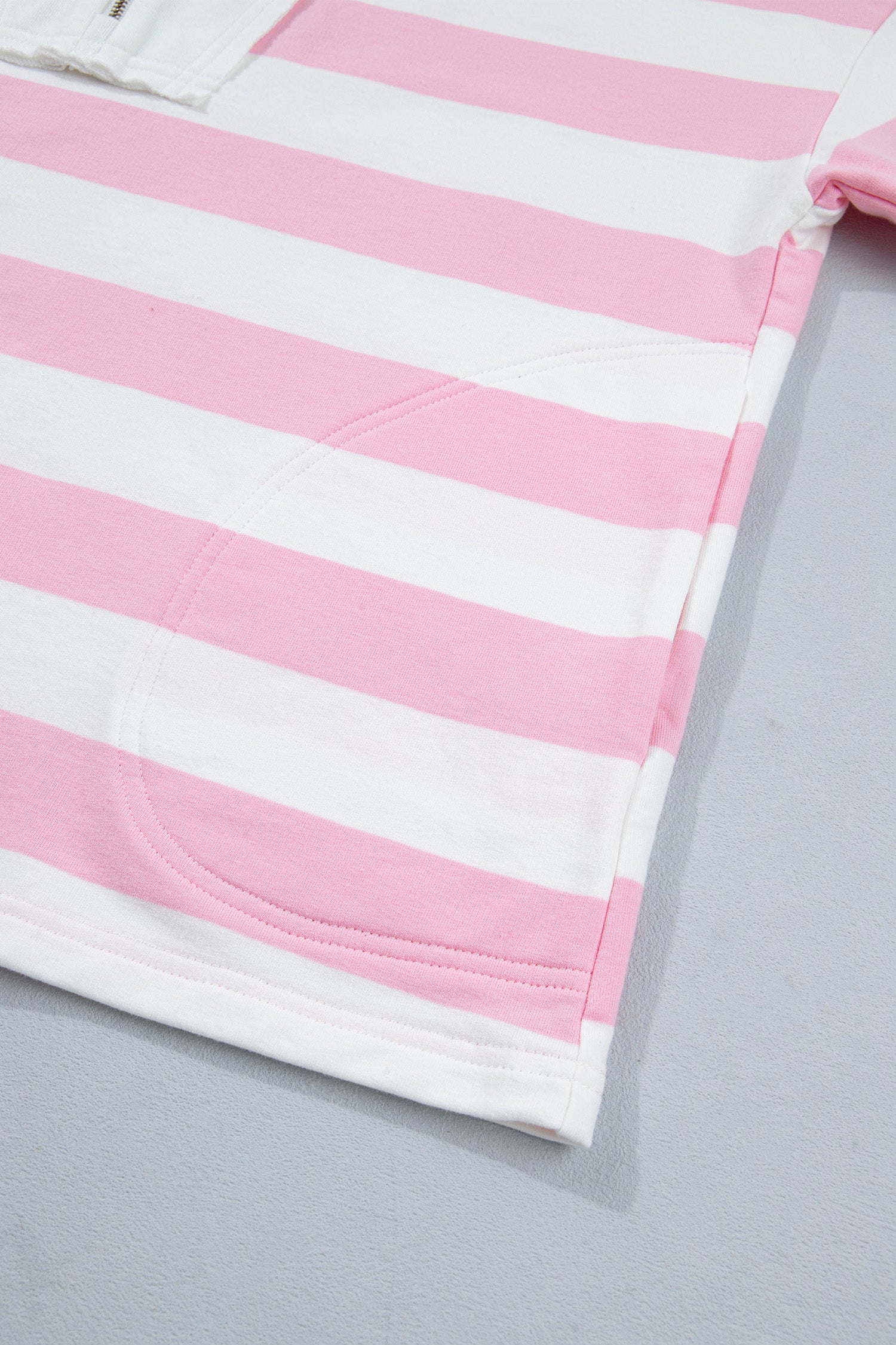 Patchwork Zipper Pullover Elastic Waist Shorts 2pcs Set – Pink Stripe