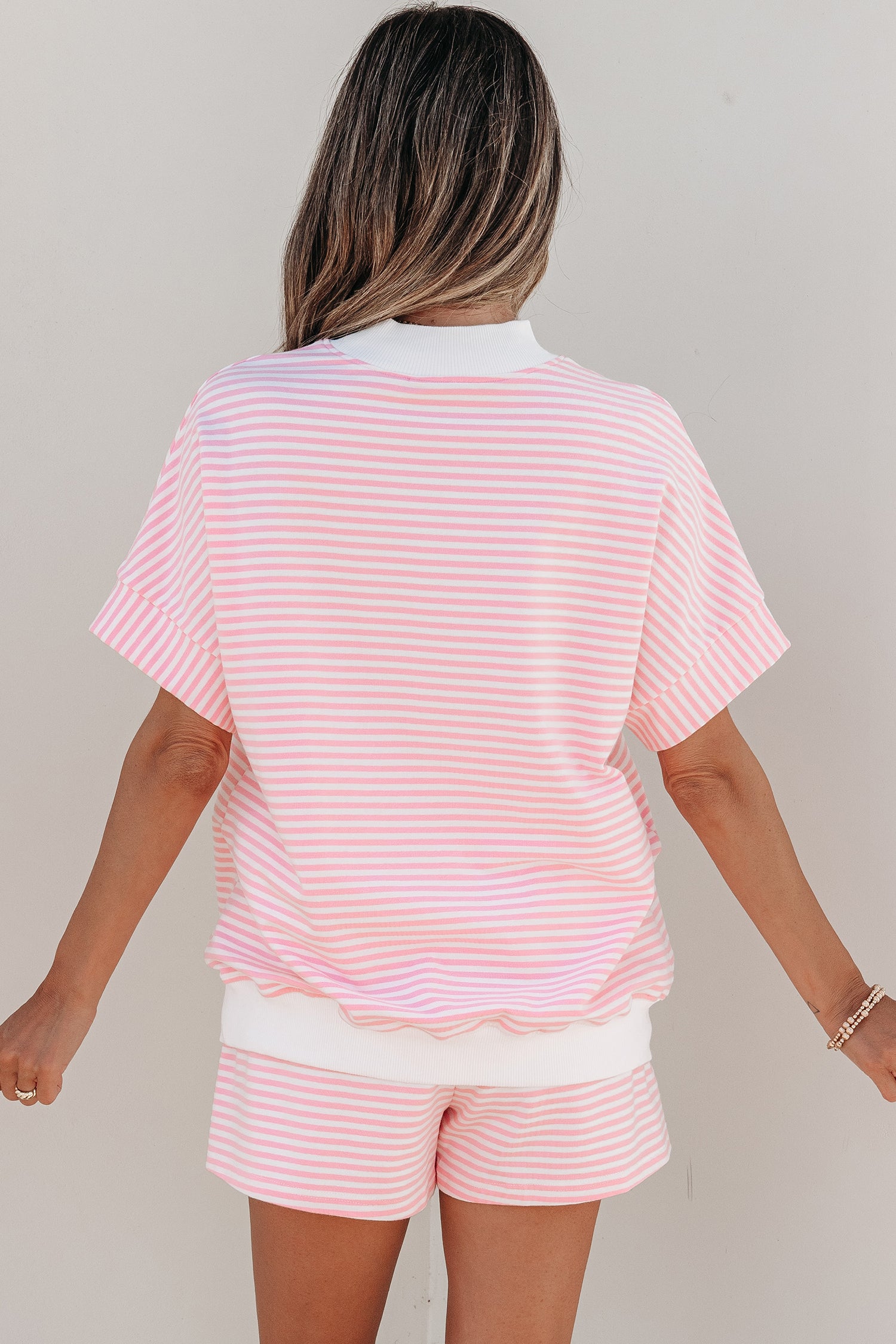 Stripe Cuffed Sleeve Contrast Mock Neck Tee Casual Co-ord Short Set