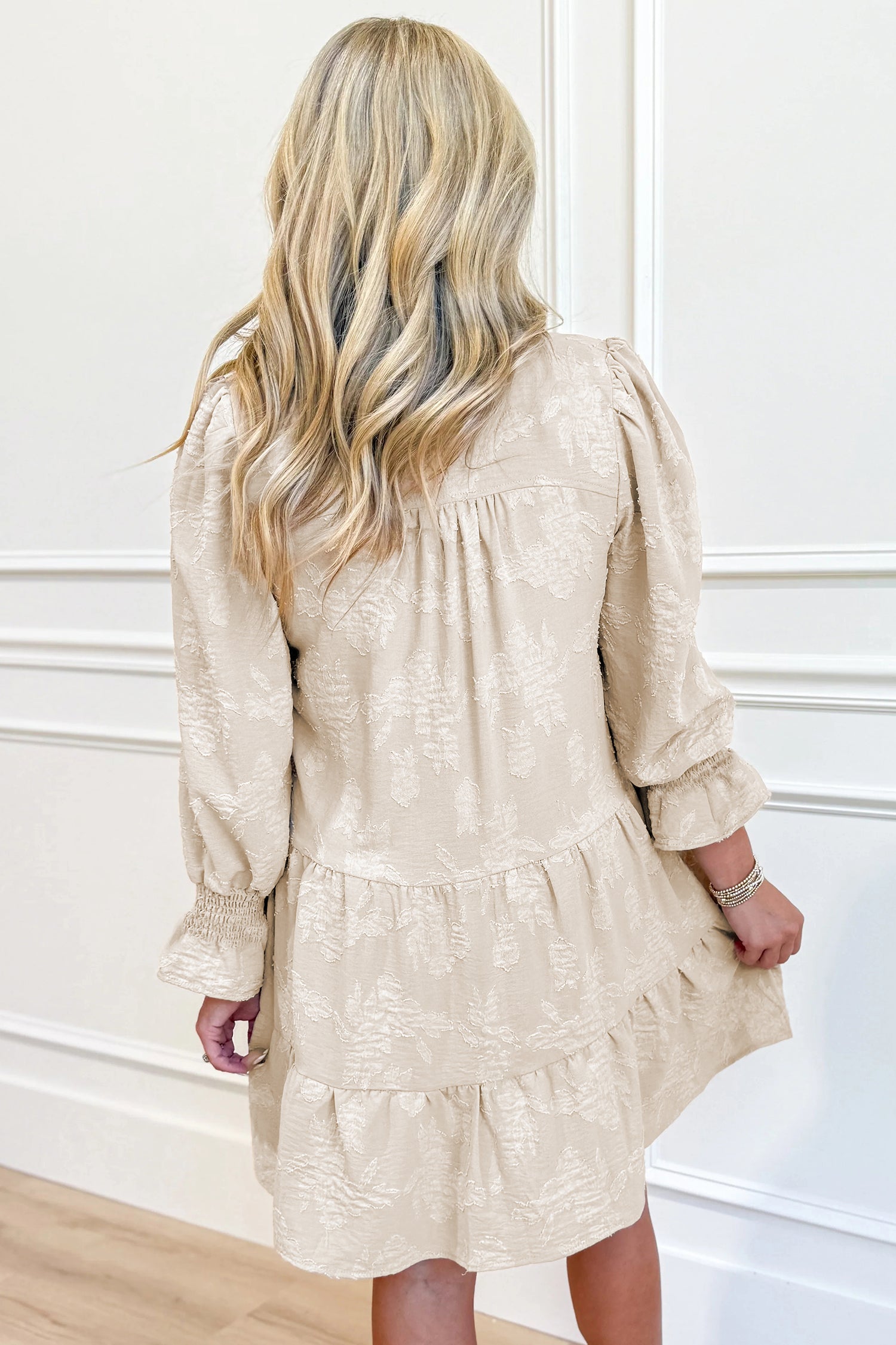 Long Sleeve Notched Neck Jacquard Tiered Mini Dress - Dresses/Mini Dresses