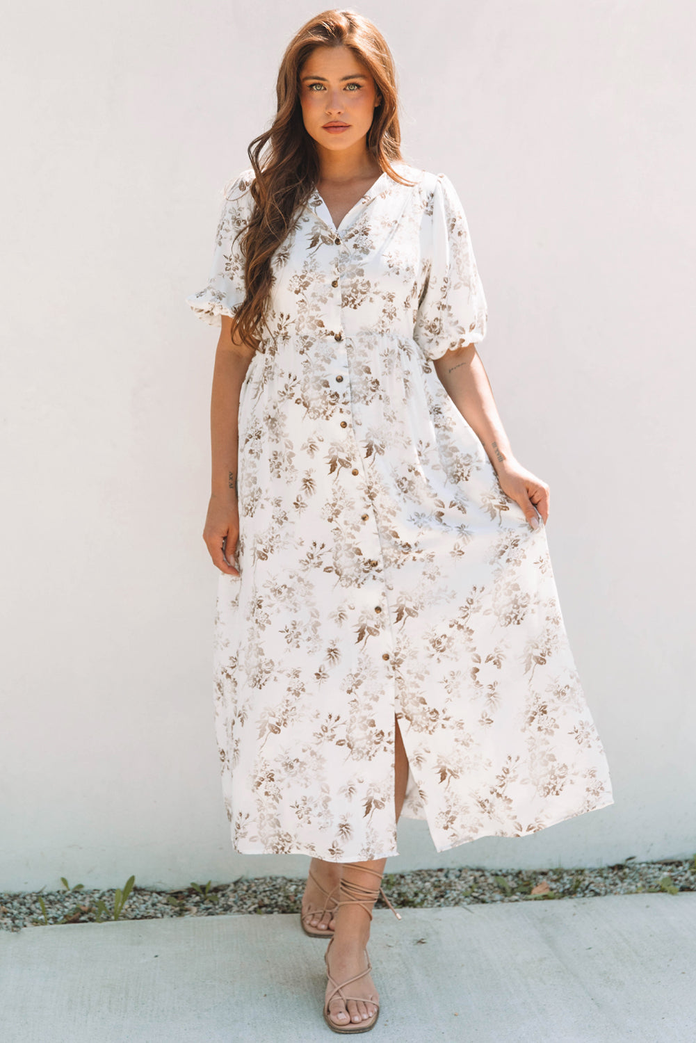 Khaki Floral Puff Sleeve V Neck Buttoned Front Maxi Dress eAura