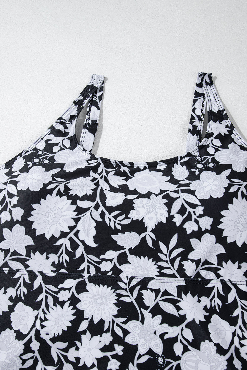 Black Plus Size Printed Square Neck Drawstring Ruffled Tankini Set BB Fashion Outlet
