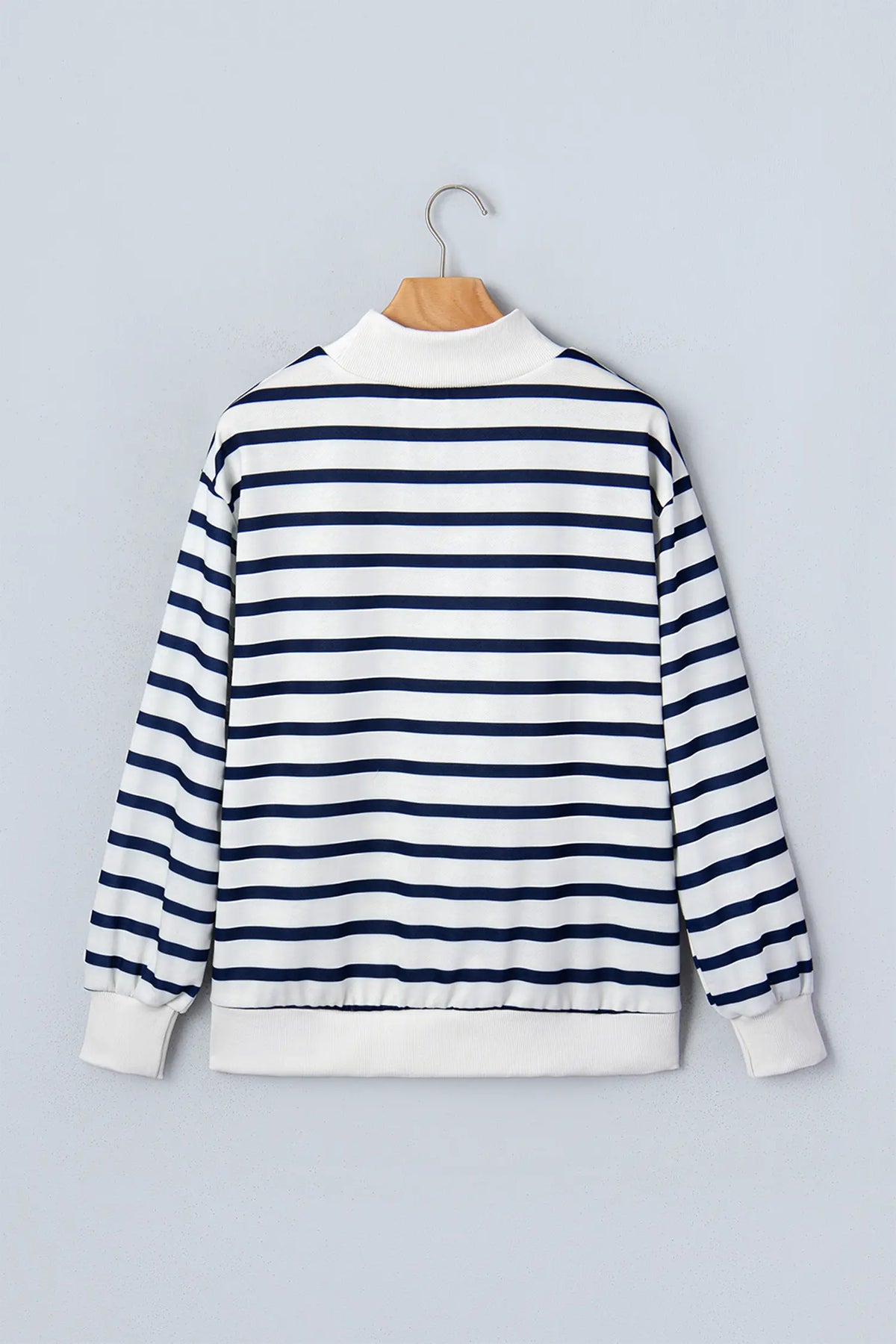 Striped Stand Neck Long Sleeve Ribbed Cuff Hem Sweatshirt – Blue Stripe