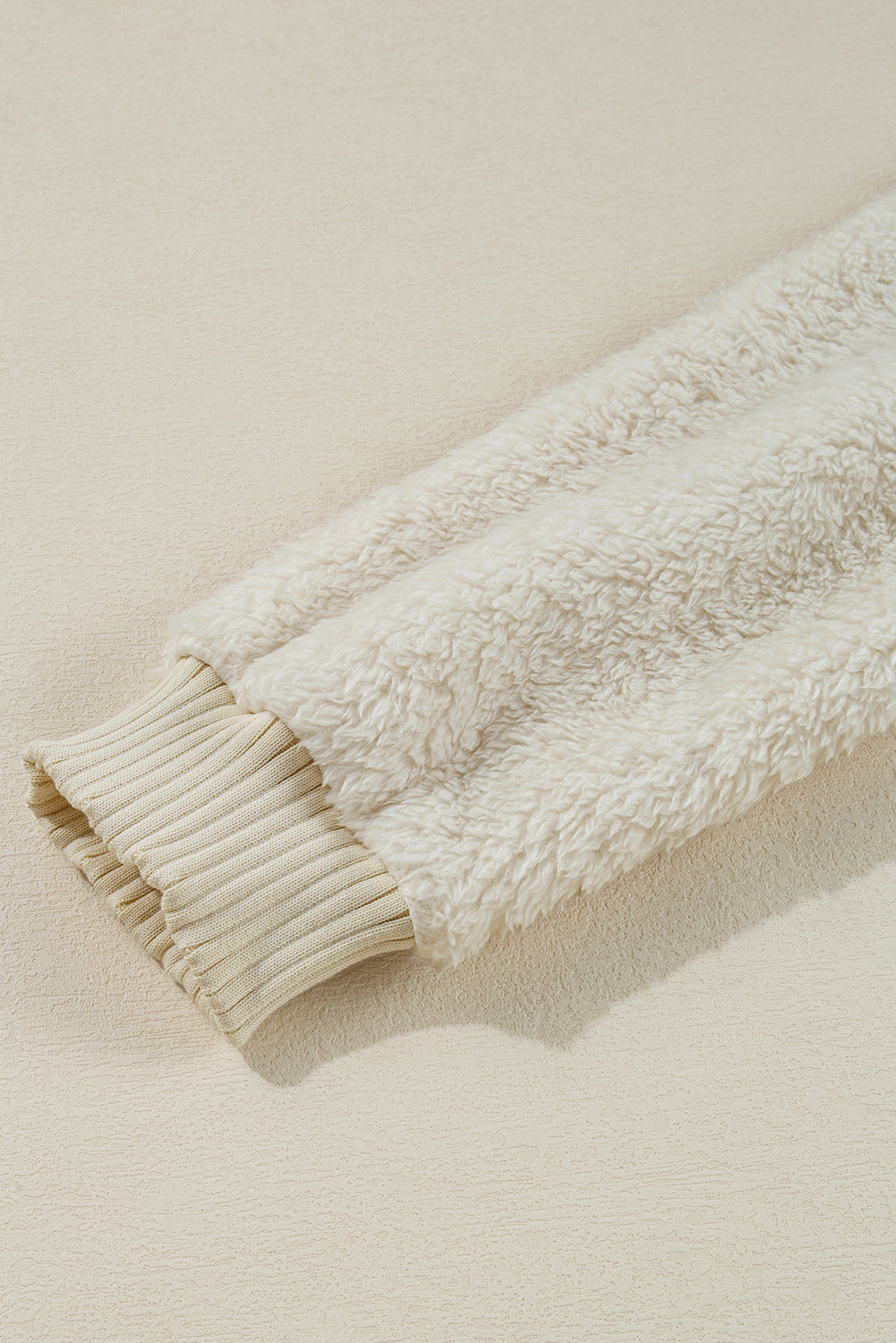 White Contrast Ribbed Edge Plush Hoodie eAura
