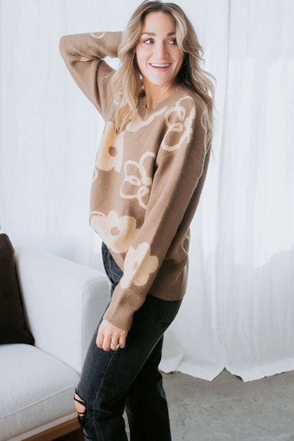 Camel Floral Drop Shoulder Ribbed Trim Sweater eAura
