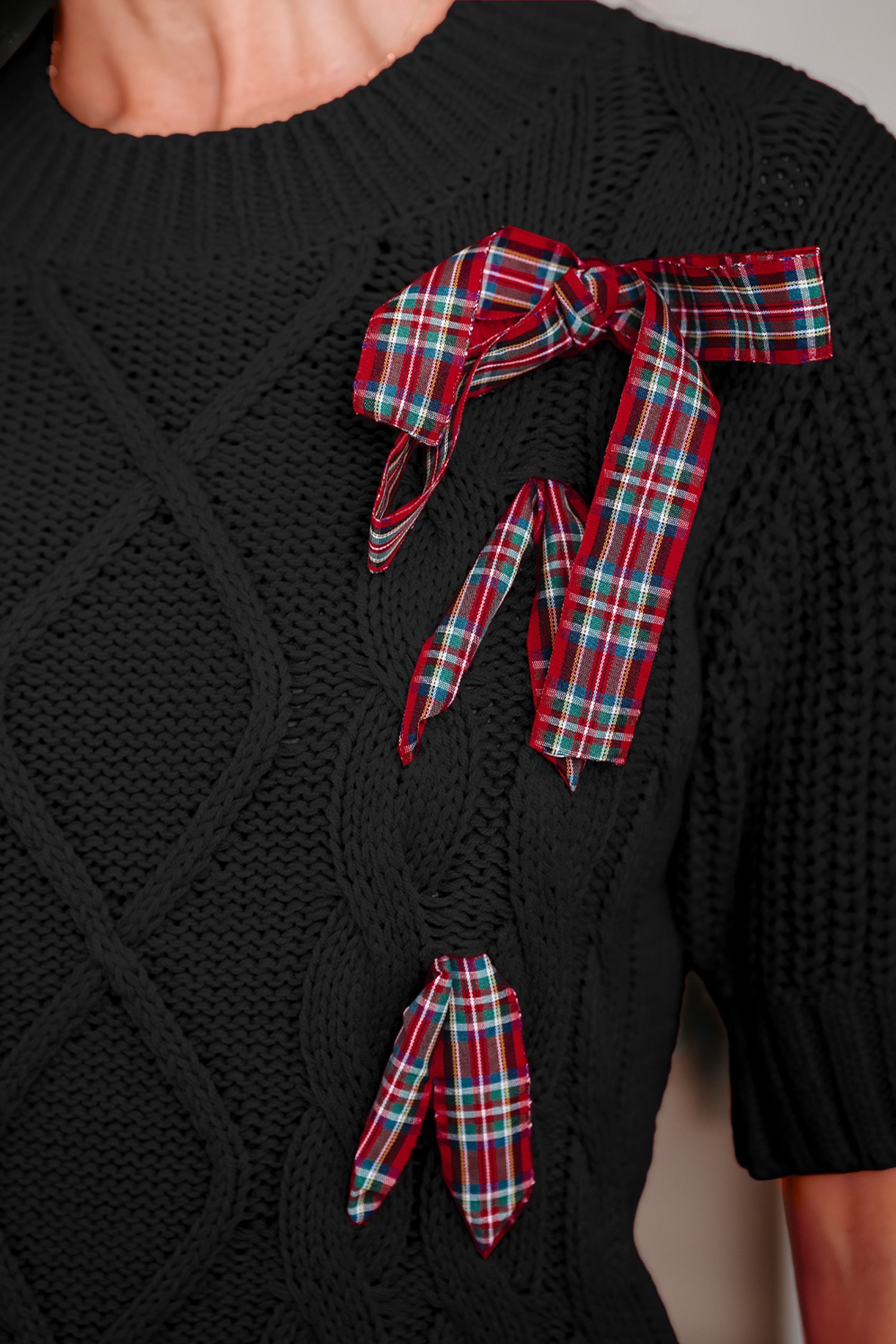 Plaid Lace up Detail Christmas Holiday Puff Short Sleeve Sweater - eAura