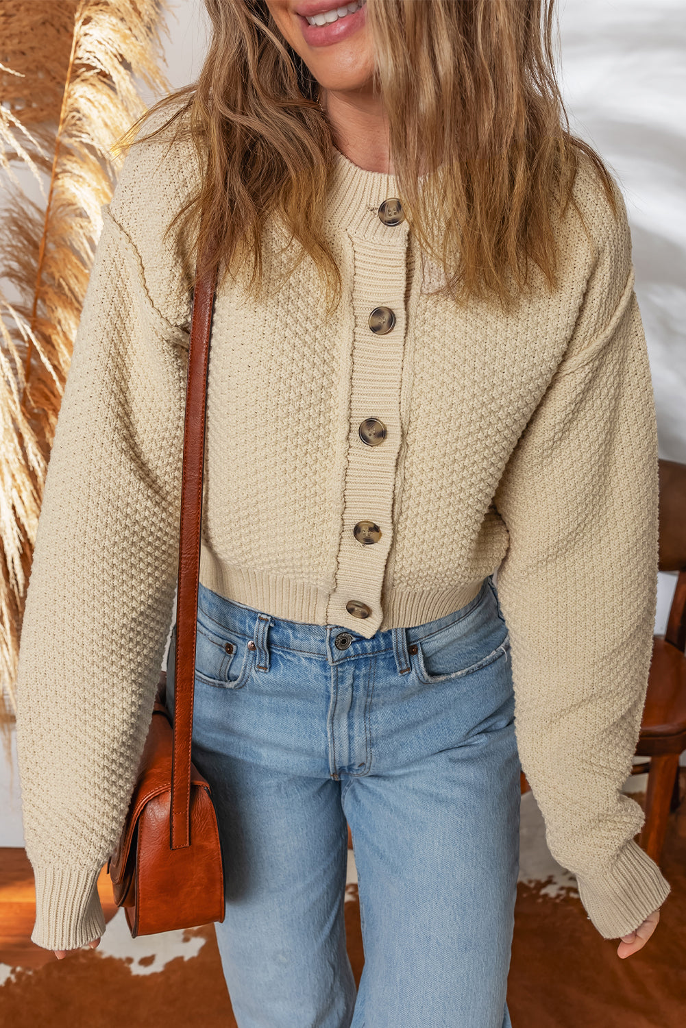 Beige Button Front Cropped Cardigan