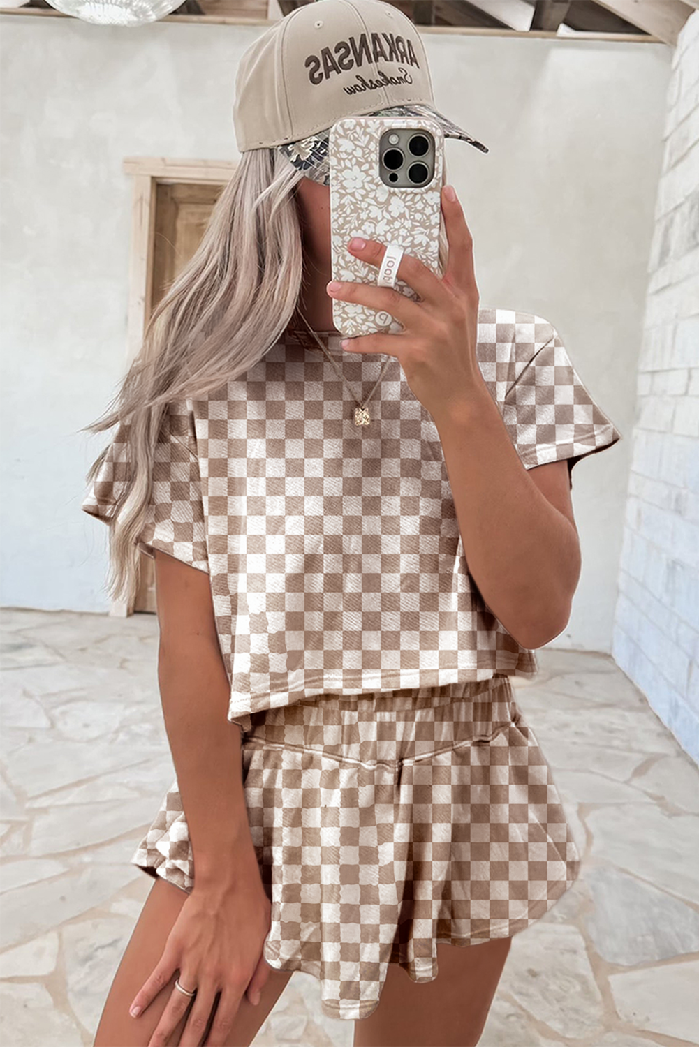 Brown Checkerboard T Shirt and High Waist Skorts 2 Piece Outfit Co-ord eAura
