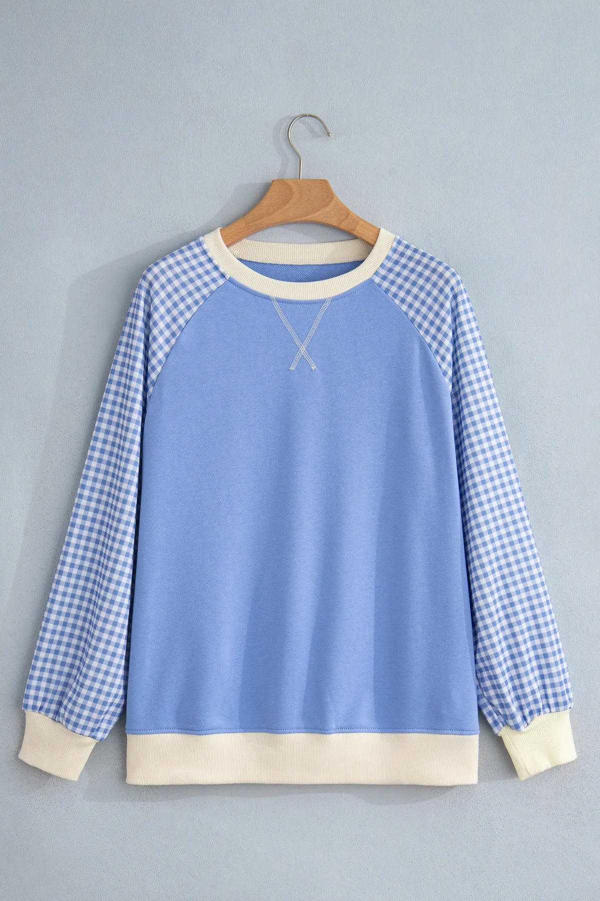 Plaid Sleeve Colourblock Raglan Pullover Sweatshirt – Beige