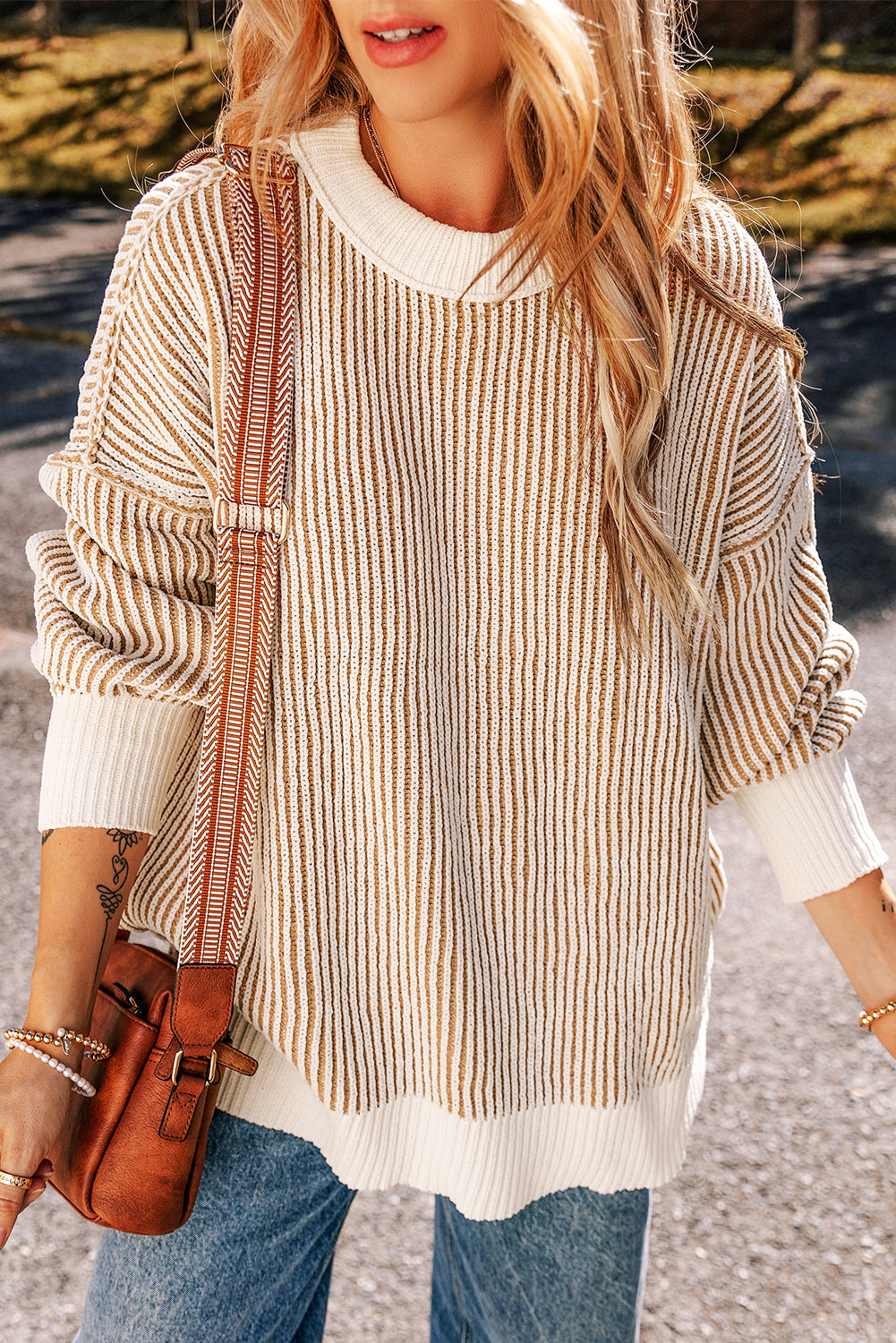 Bright Pink Striped Textured Knit Contrast Edge Loose Sweater eAura