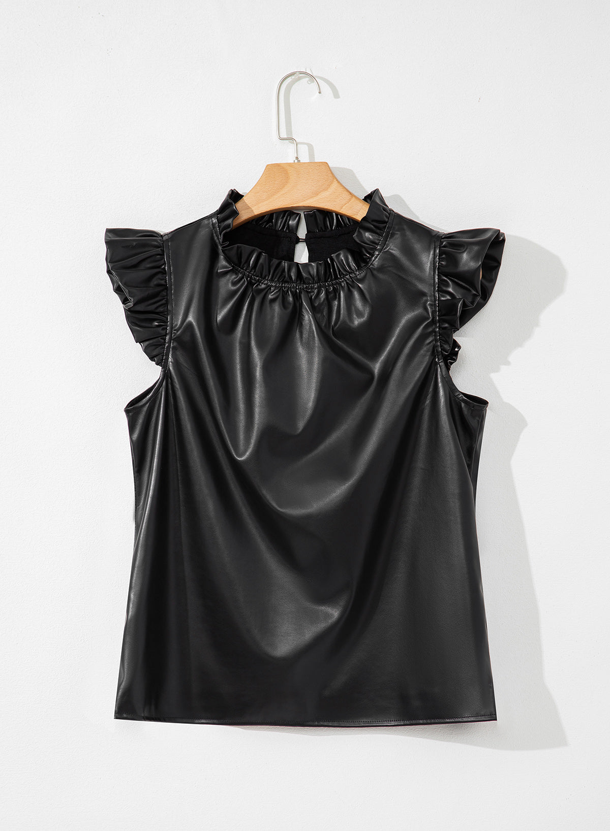 Black PU Leather Frilly Ruffle Trim Blouse eAura