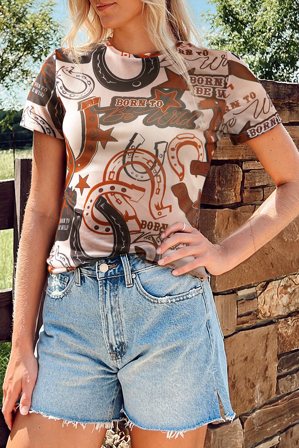 Brown Western Horseshoe Printed Mesh T Shirt eAura