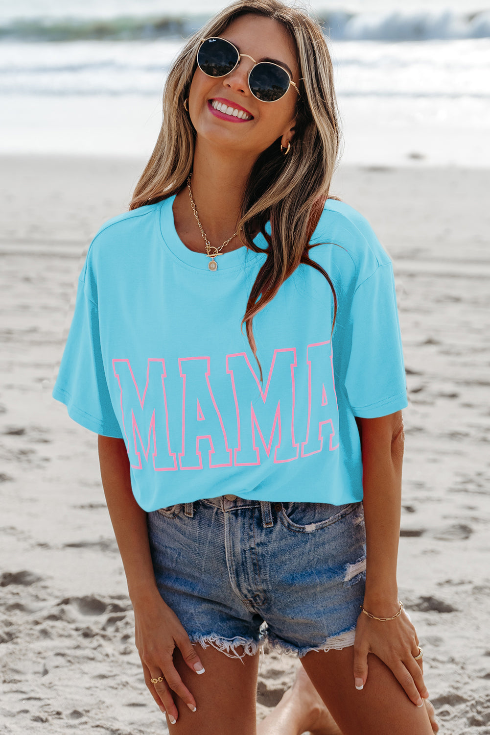 Light Blue MAMA Letter Graphic Neon T Shirt - eAura