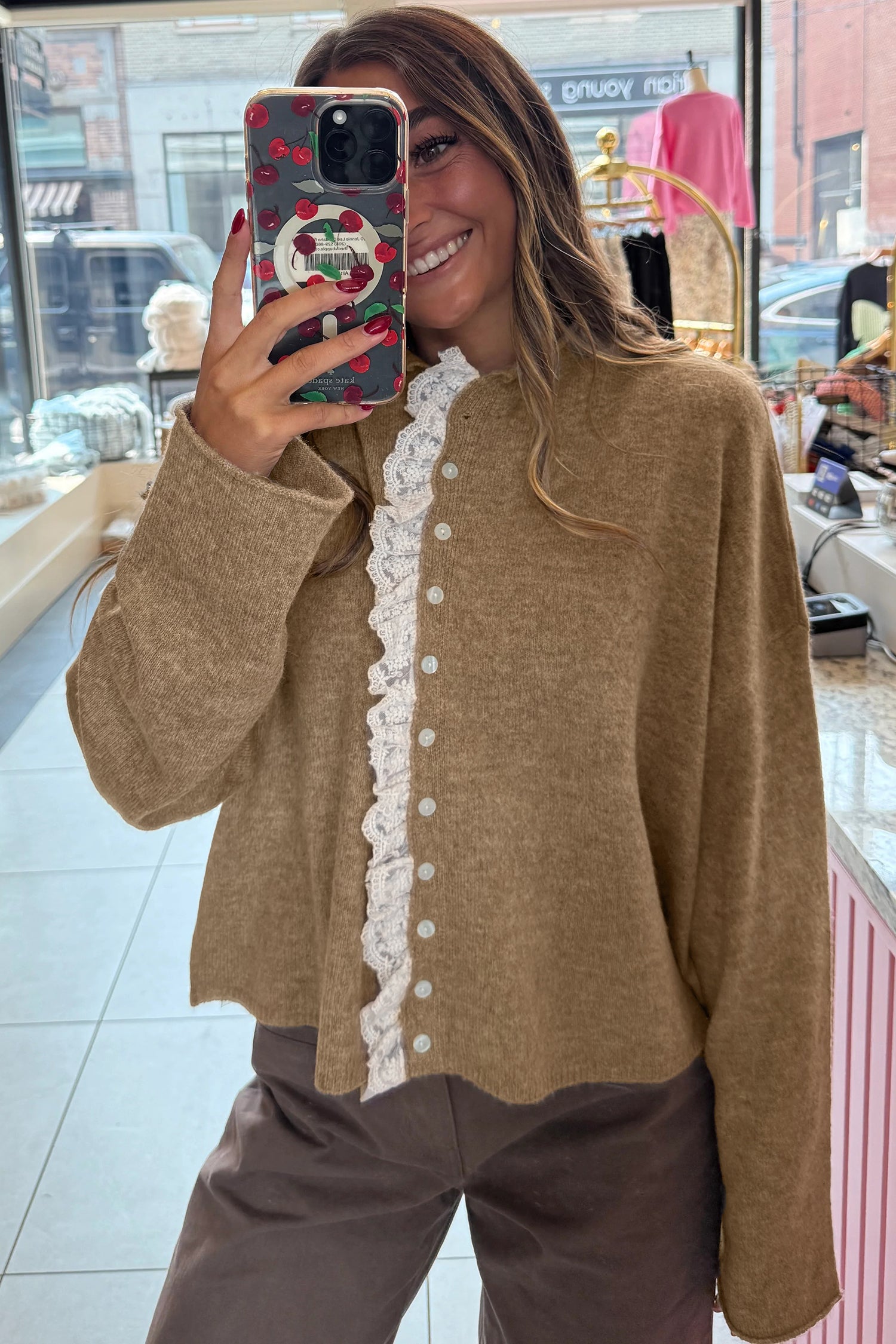 Contrast Frilled Lace Trim Loose Cardigan