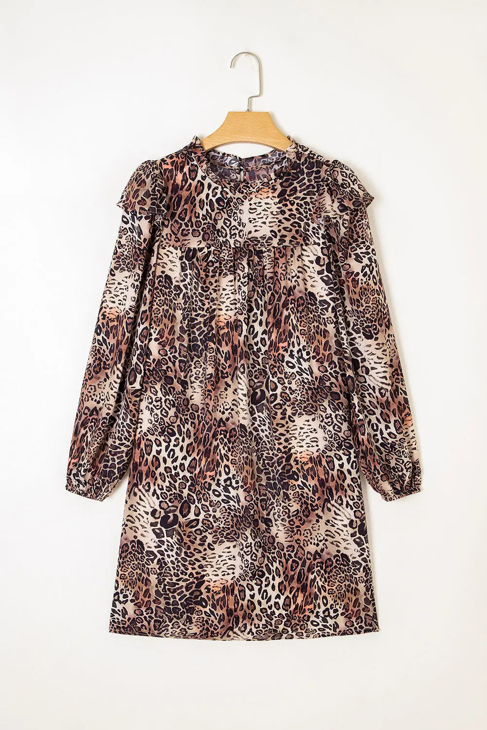 Leopard Ruffled Detail Long Sleeve Loose Mini Dress - Dresses/Mini Dresses