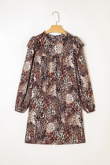 Leopard Ruffled Detail Long Sleeve Loose Mini Dress - Dresses/Mini Dresses