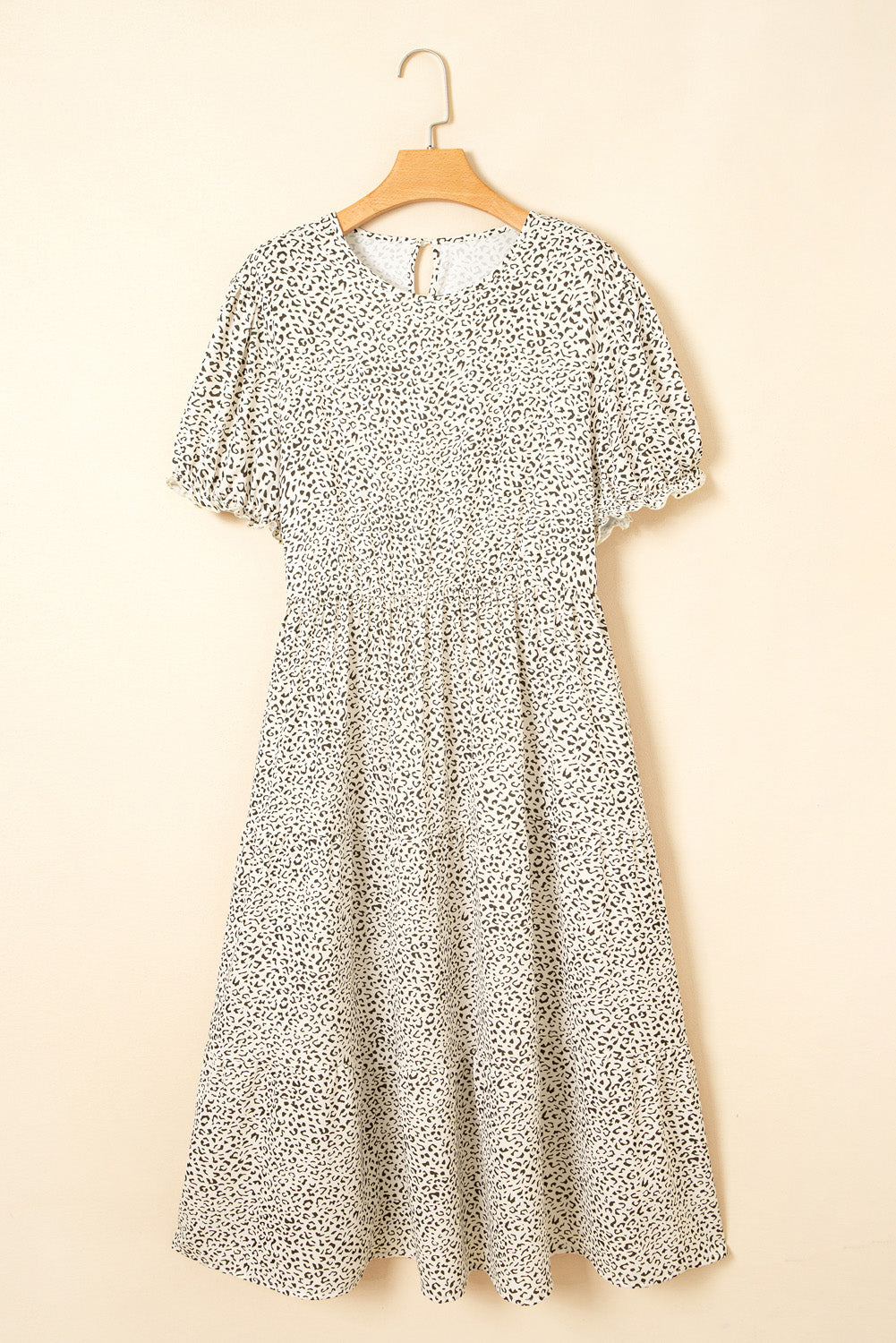 Beige Plus Size Leopard Print Frill Trim Short Sleeve Flared Dress BB Fashion Outlet