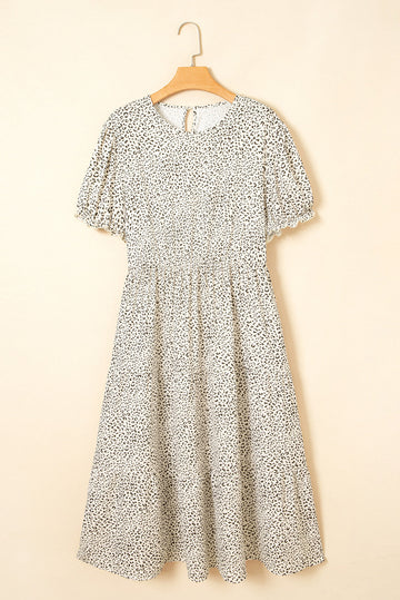 Beige Plus Size Leopard Print Frill Trim Short Sleeve Flared Dress - Size/Plus Dresses/Plus Midi Dresses