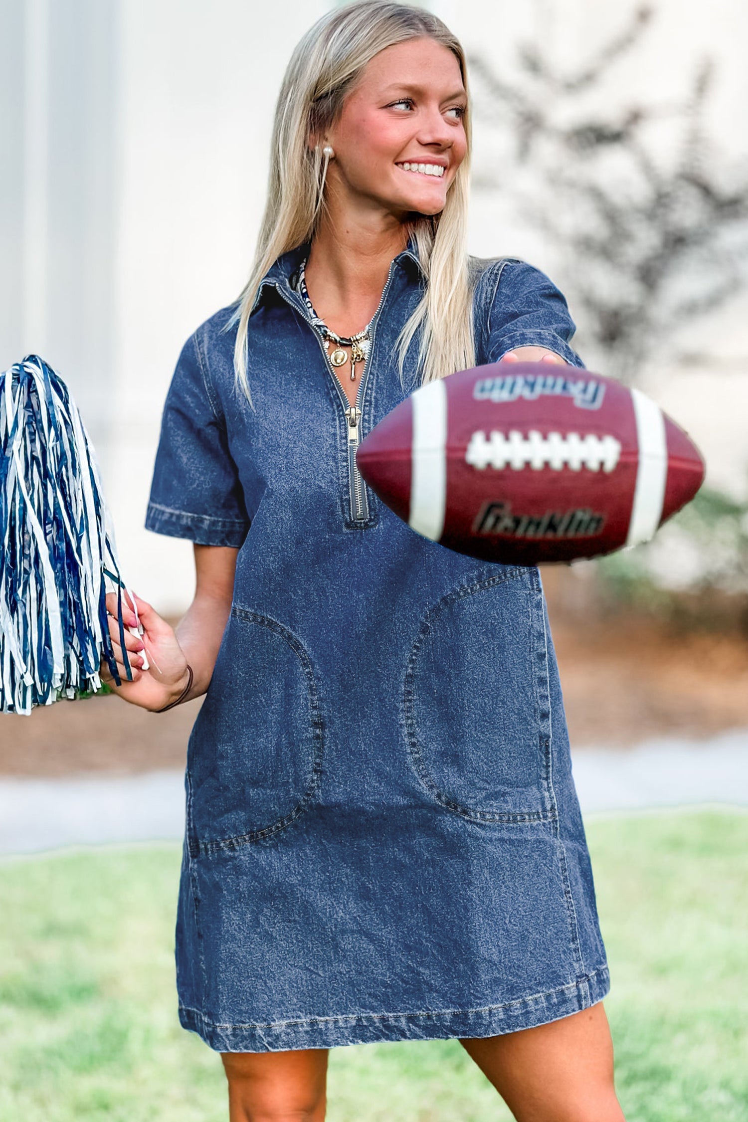 Zip-up Collared Short Sleeve Shift Mini Denim Dress