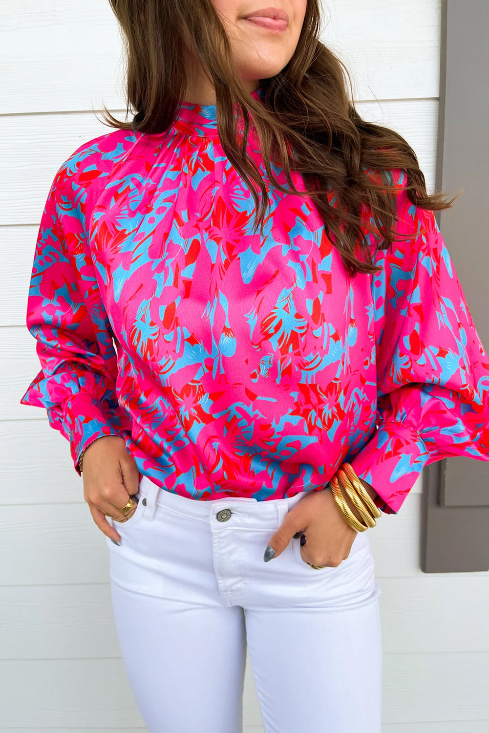 Purple Printed Bubble Sleeve Mock Neck Blouse eAura