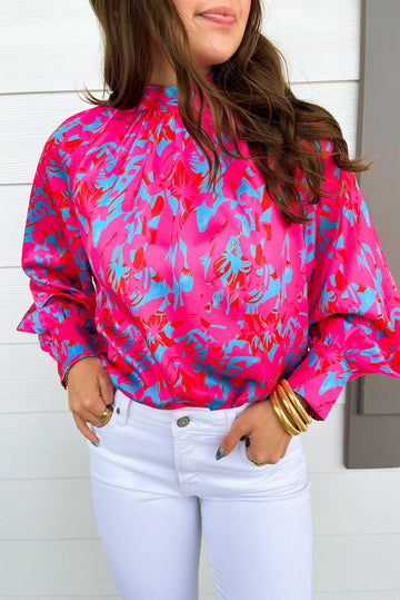 Purple Printed Bubble Sleeve Mock Neck Blouse eAura
