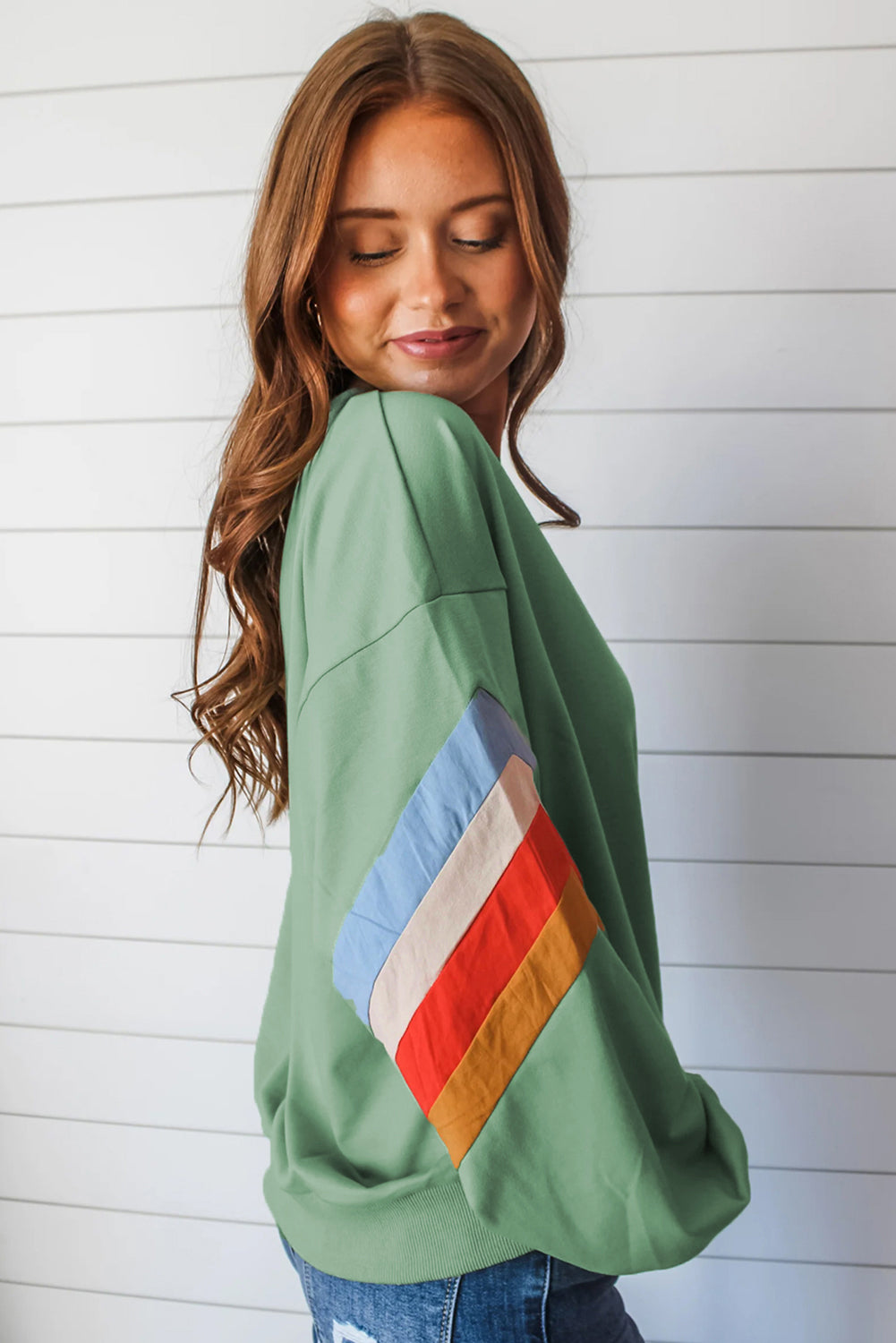 Moonlight Jade Rainbow Striped Sleeve Crew Neck Loose Sweatshirt eAura