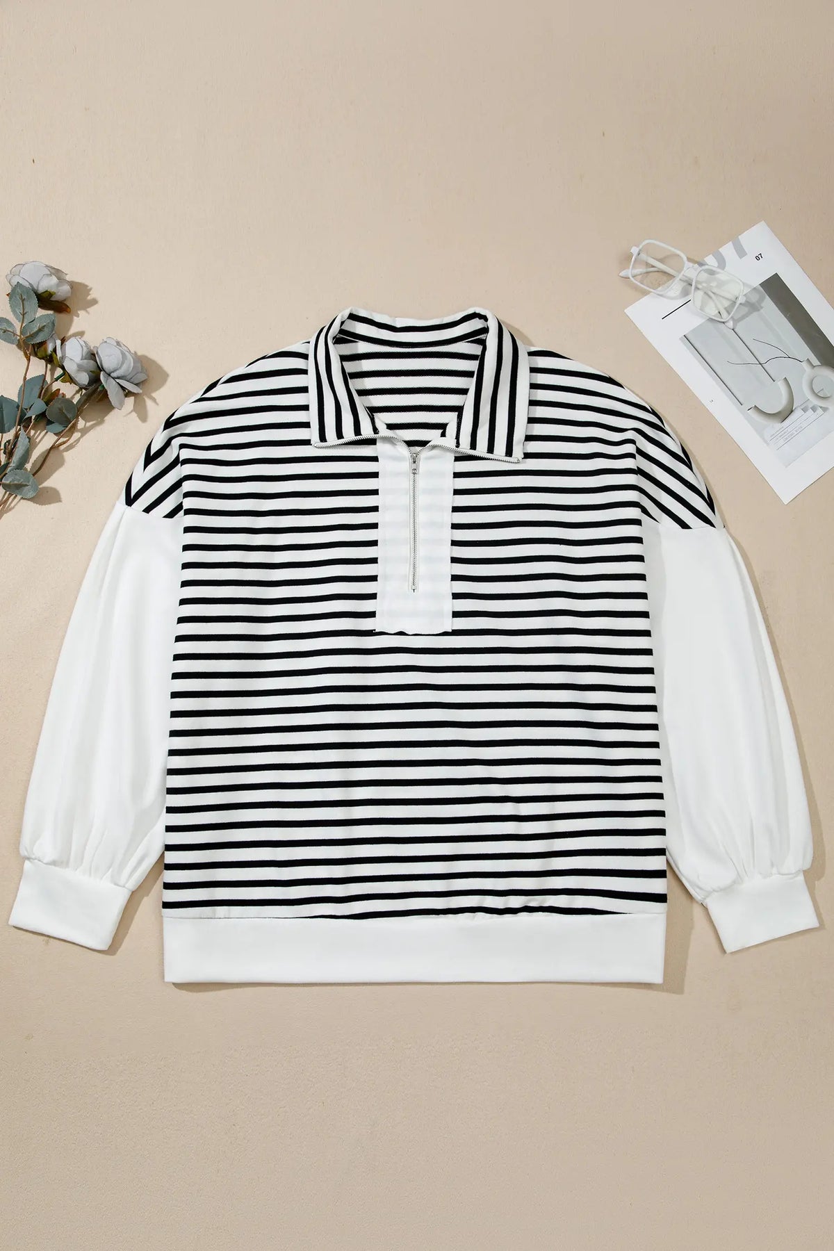 Striped Colourblock V Neck Long Sleeve Shift Plus Size Blouse – White Stripe