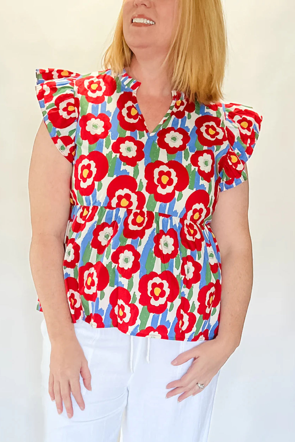 Red Plus Size Floral Print Ruffle Trim Split Neck Peplum Top BB Fashion Outlet