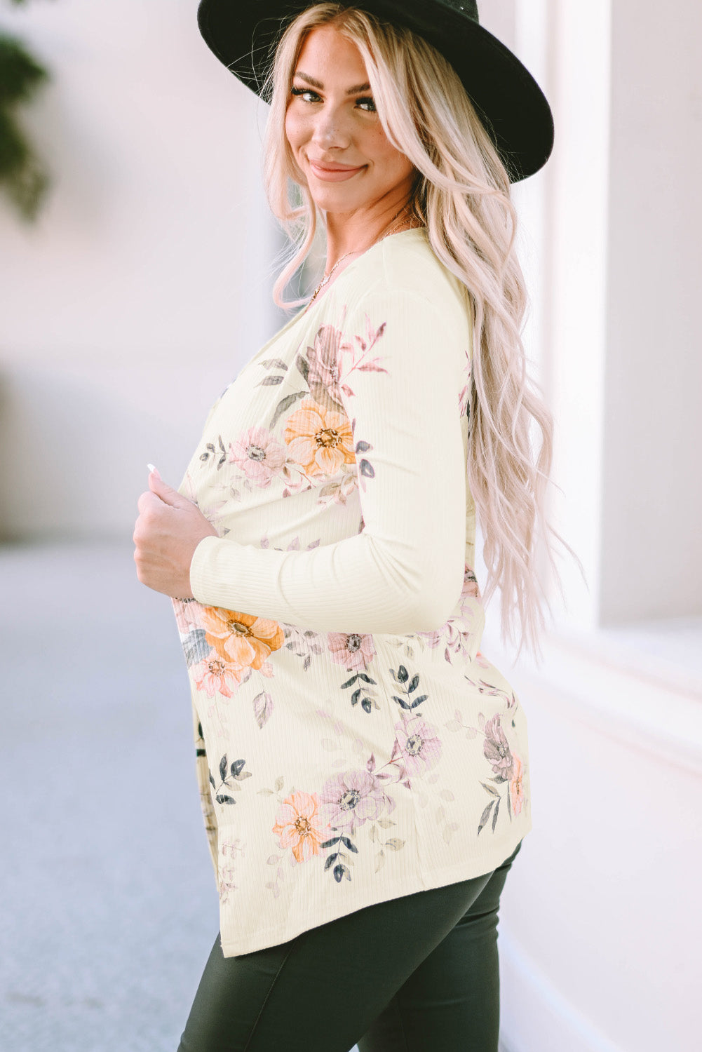 Apricot Floral Print Ribbed Knit Slim Fit Cardigan BB Fashion Outlet