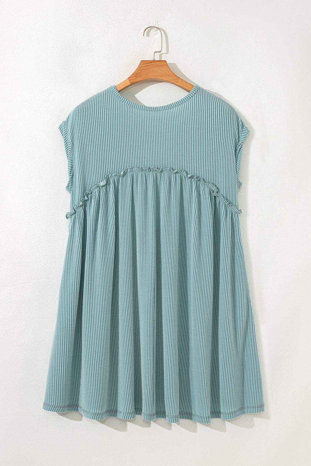 Canton Ribbed Knit Textured Patched Pocket Frilled Swing Mini Dress with Pockets eAura