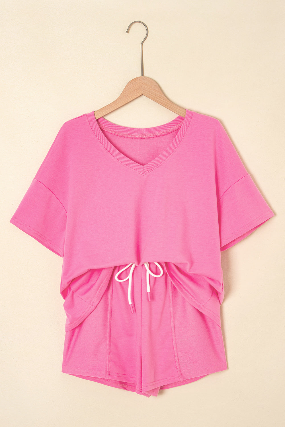 Myosotis V Neck Drop Shoulder Tee and Patchwork Drawstring Shorts Set BB Fashion Outlet