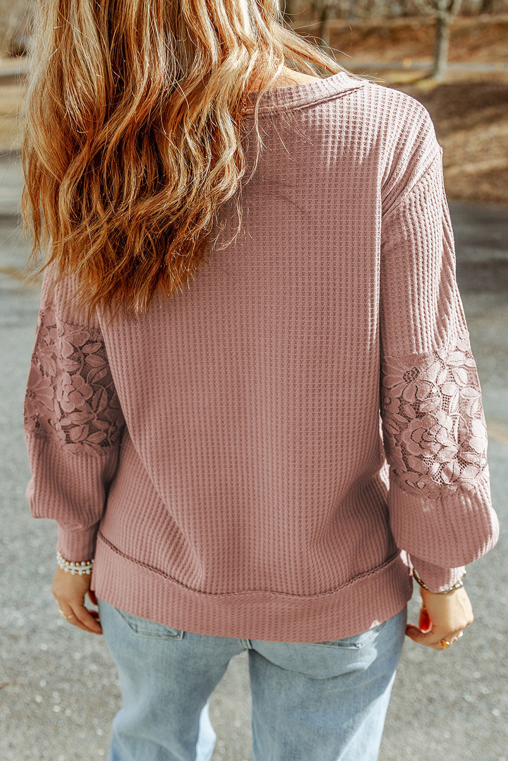 Apricot Lace Waffle Patchwork Strappy V Neck Long Sleeve Top eAura
