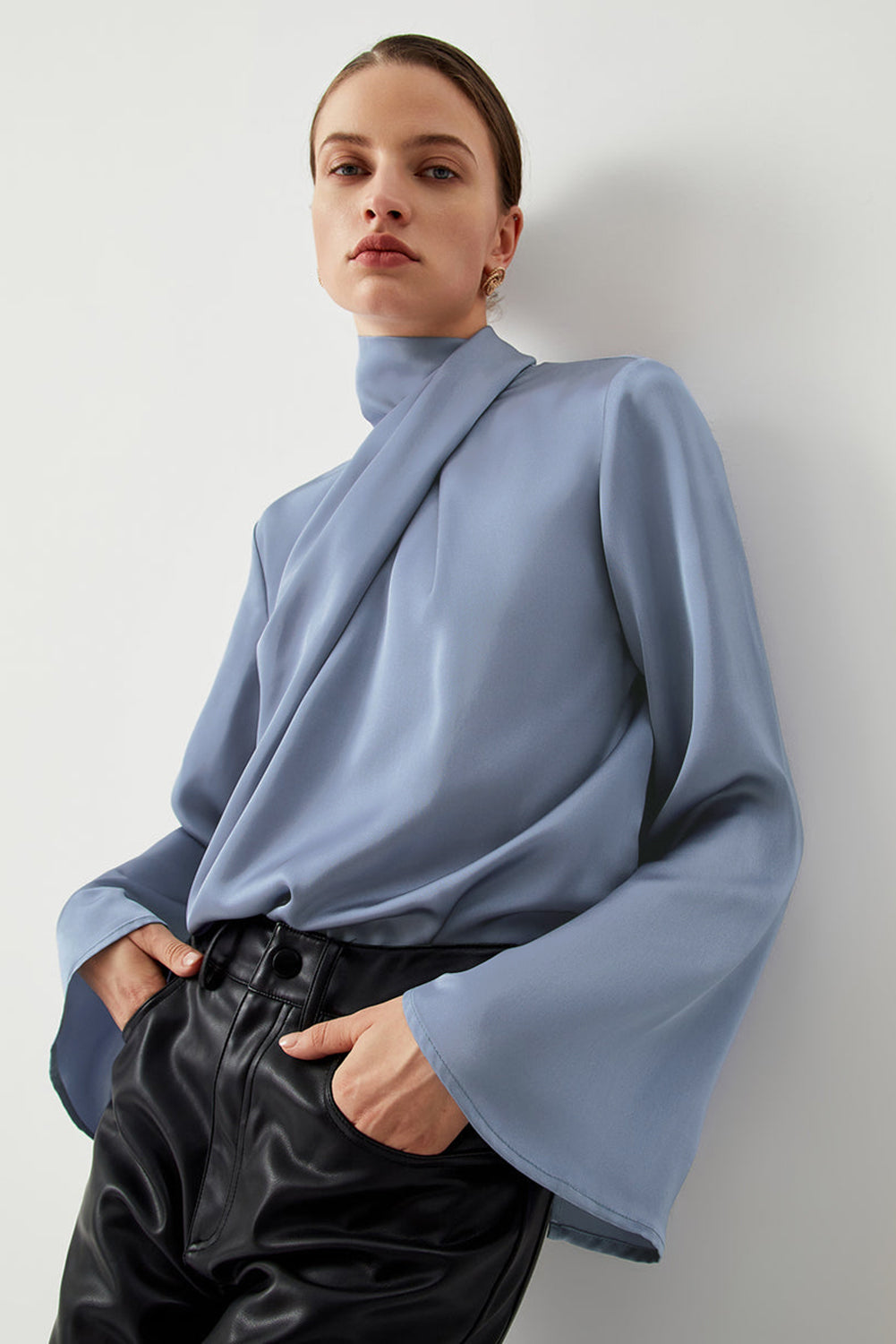 Ivy Asymmetric Pleated Turtleneck Bell Sleeve Blouse eAura