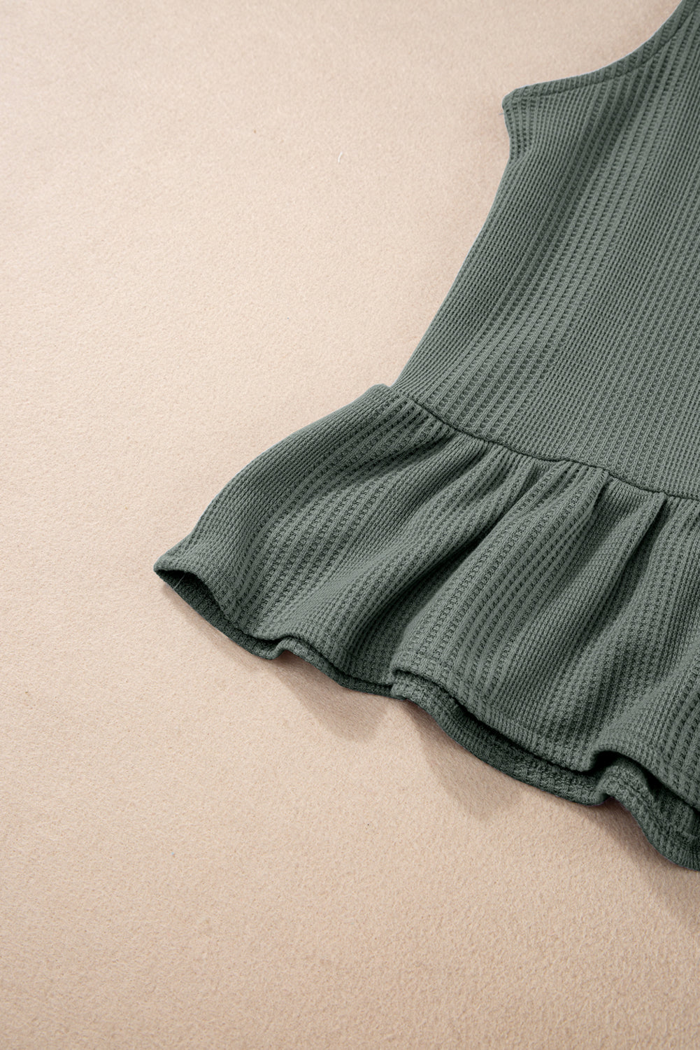 Duffel Green Solid Colour Ribbed Ruffle Tank Top and Trousers Set eAura