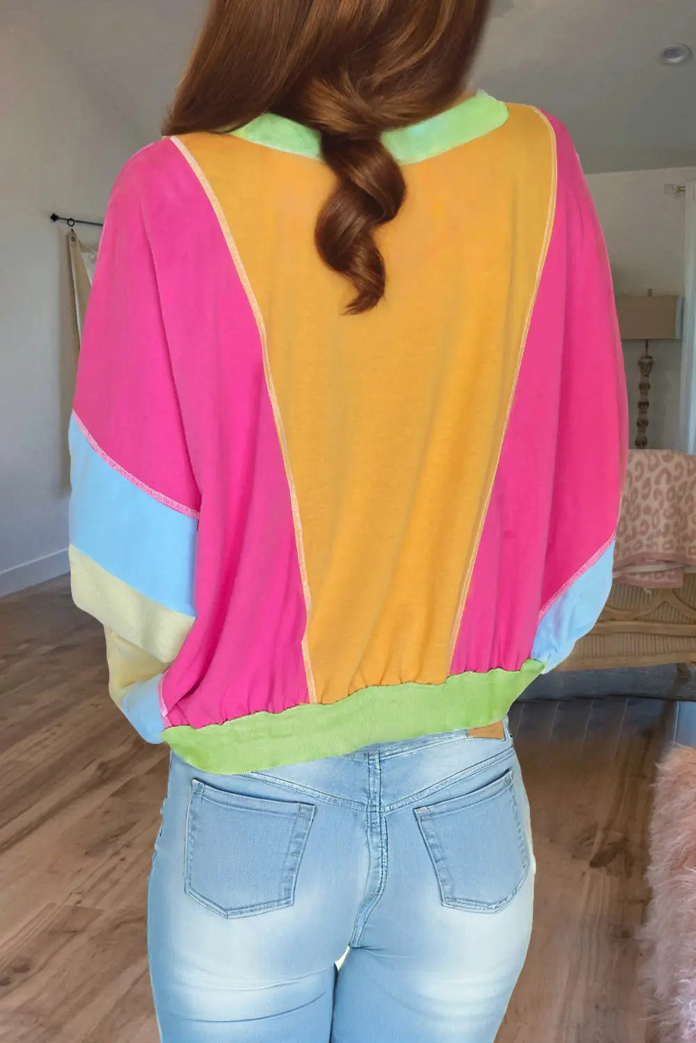Grapefruit Orange Colourblock Patchwork Exposed Stitching Oversize Top - Sweaters & Cardigans/Sweaters