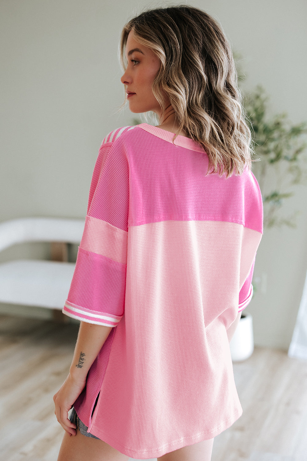 Pink Stripe Colour Block Patchwork Loose Half Sleeve T Shirt eAura