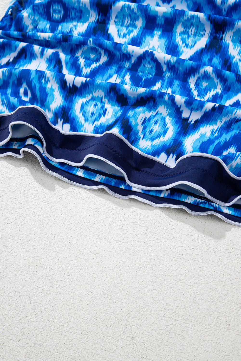 Navy Blue Abstract Print Frilled Trim Spaghetti Straps Tankini Set eAura