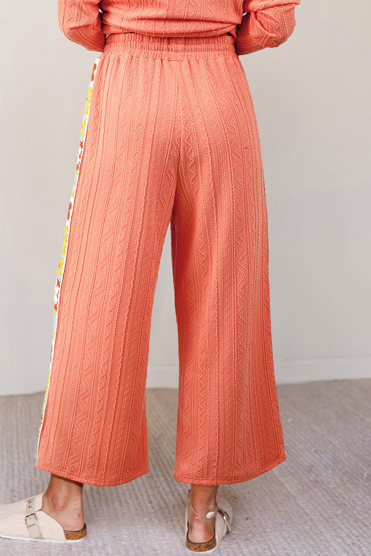 Orange Crochet Floral Accent V-Neck Textured Trouser Set - Two Piece Sets/Pant Sets