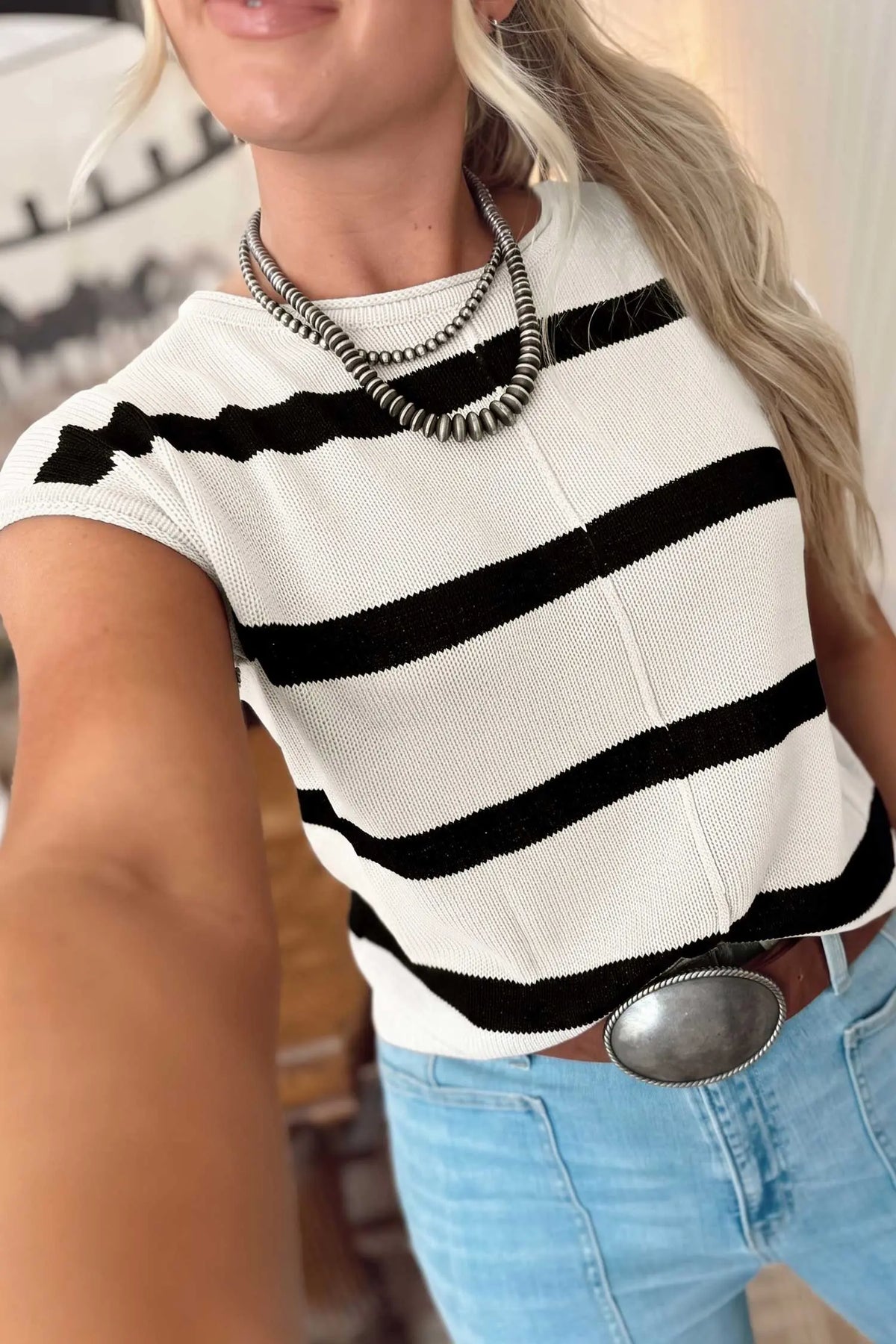 Knit Western Short Sleeve Sweater – Brown Stripe