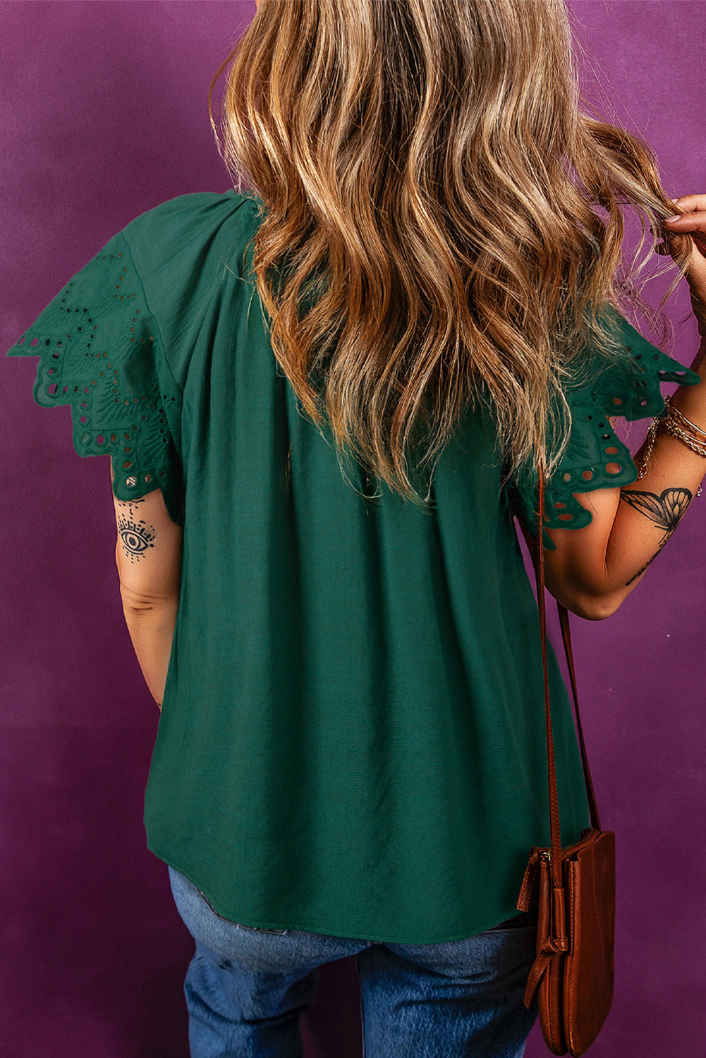 Green Bay Eyelet Embroidered Sleeve Tie V Neck Blouse eAura