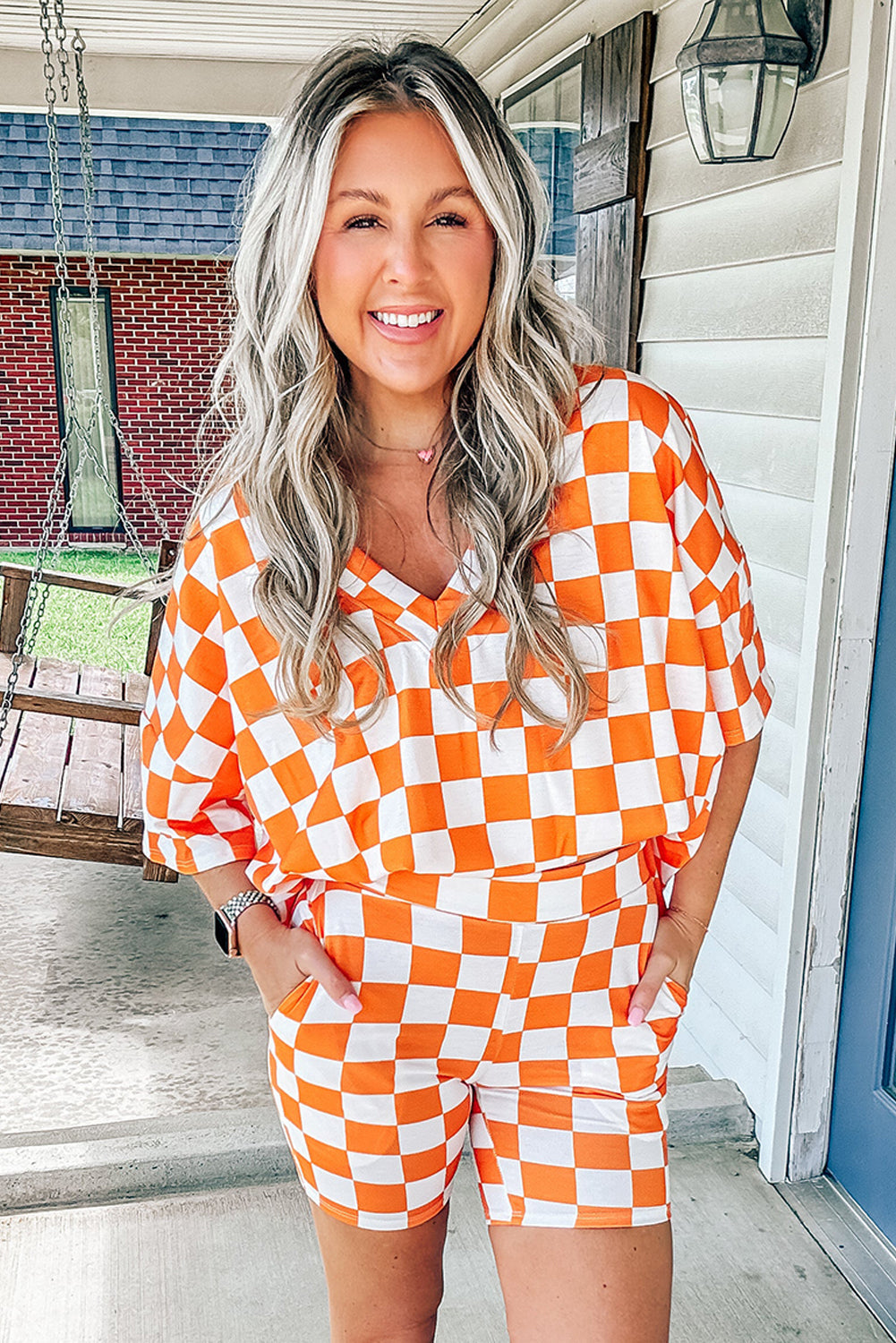 Checkerboard Print V Neck Loose Tee and Shorts Lounge Set eAura