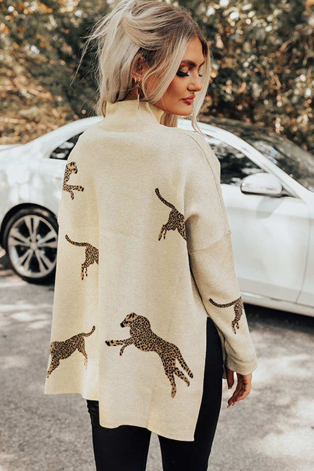 Parchment Lively Cheetah Print High Neck Split Hem Sweater eAura