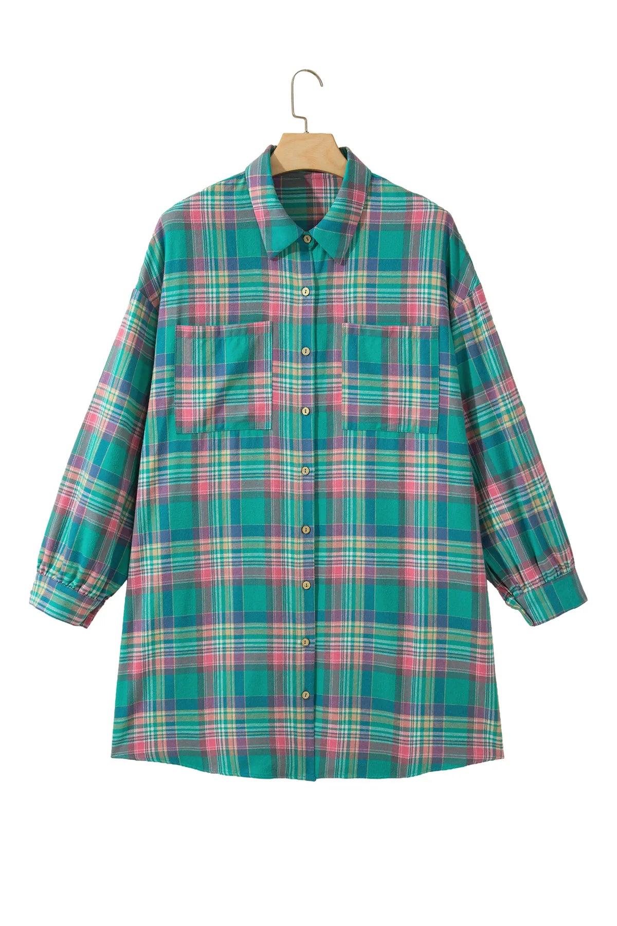 Plaid Button-Up Shift Long Sleeve V Neck Plus Size Dress – Green