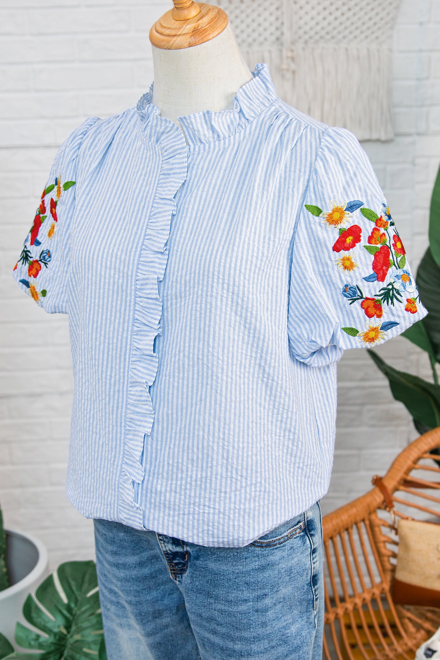 Striped Shirt Floral Detailed Short Sleeve