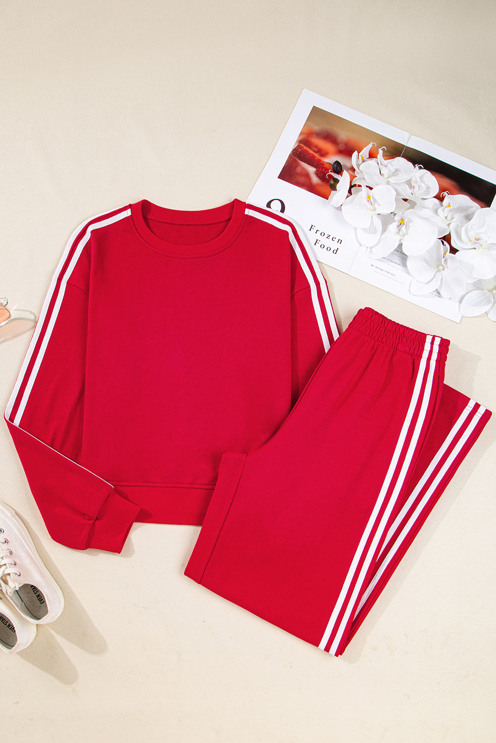 Varsity Striped Detail Crewneck Pullover Elastic Sweatpants 2pcs Co-ord eAura