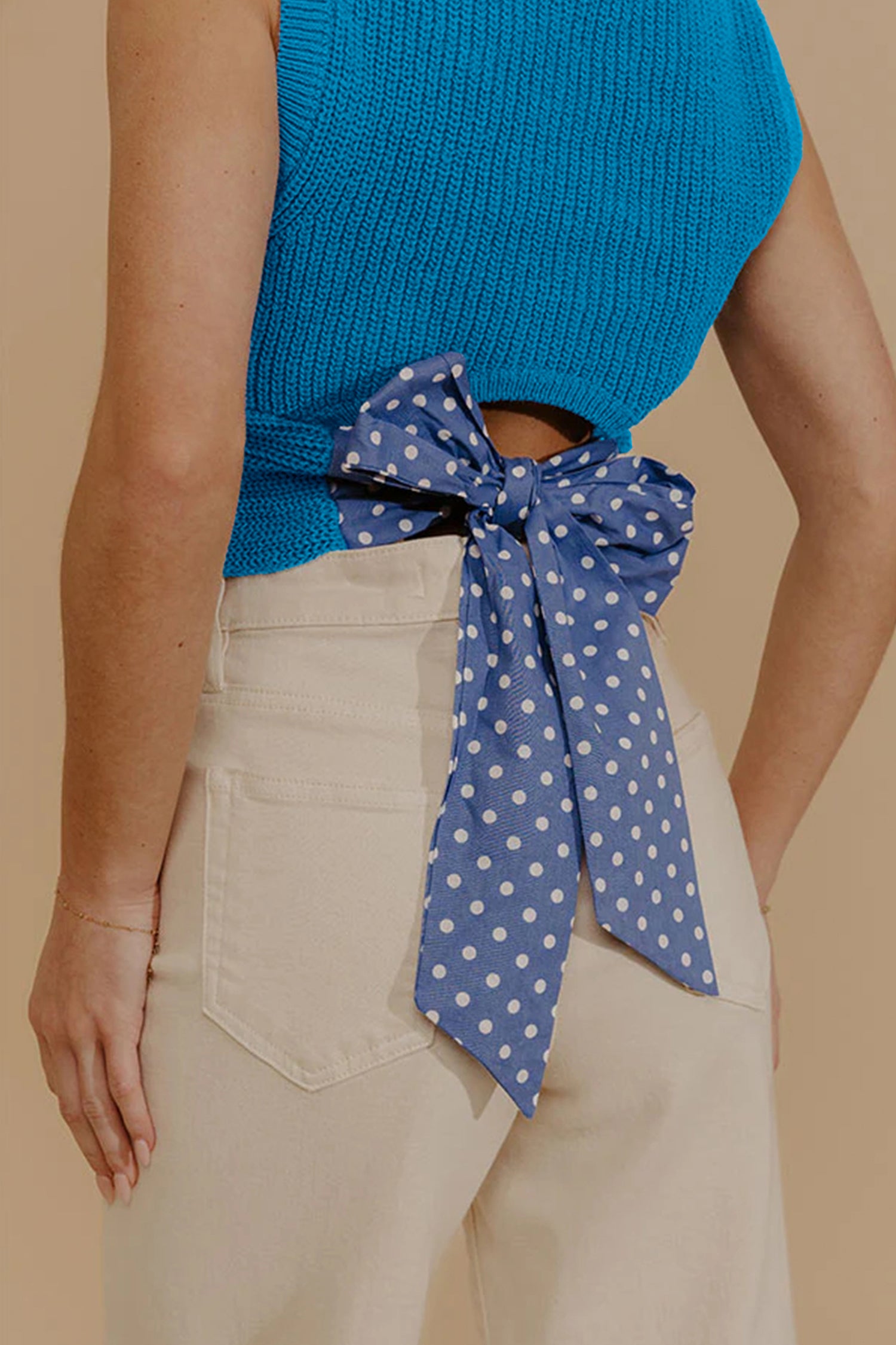 Myosotis Slim Knit Polka Dot Knot Back Cropped Sweater Tank – Blue