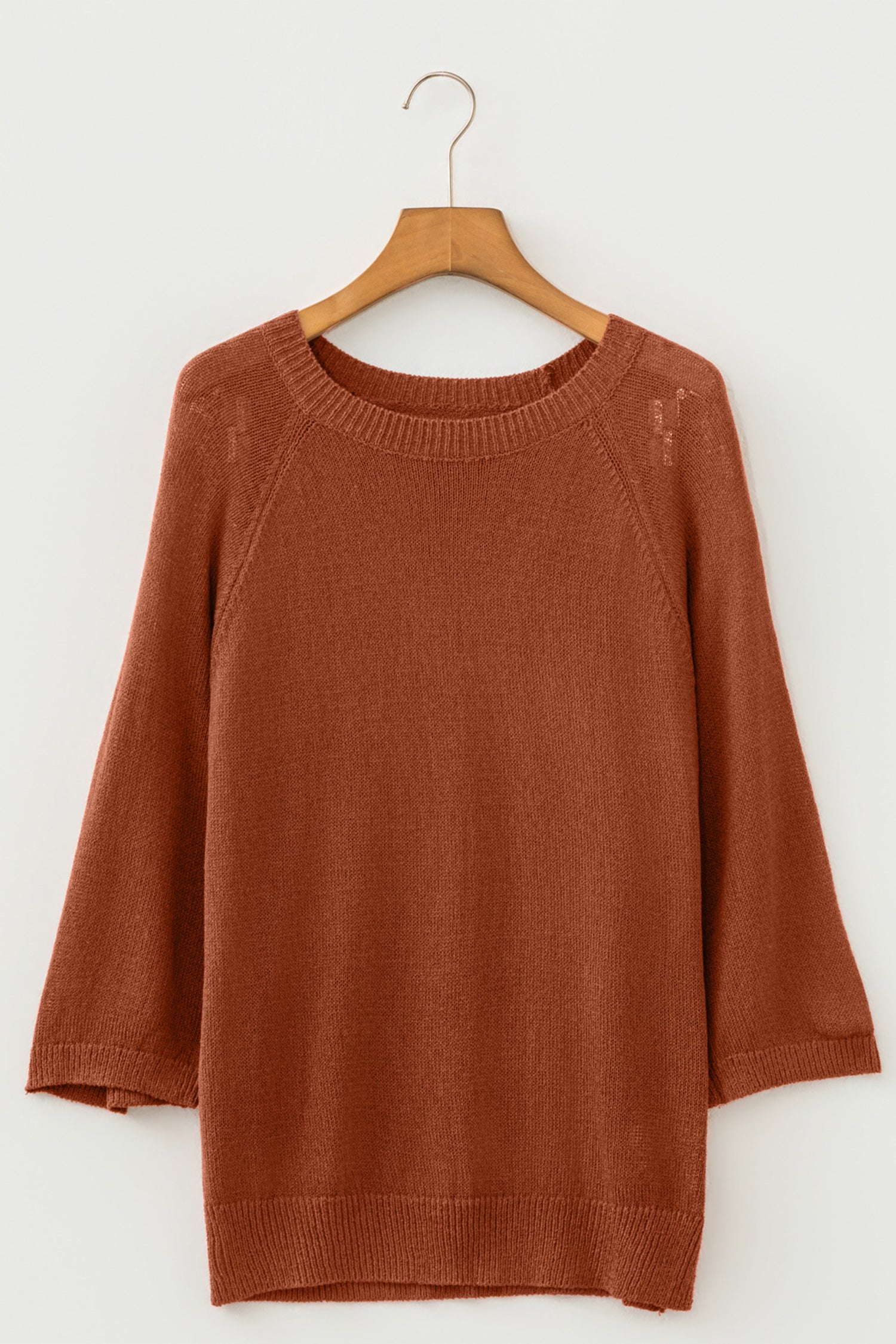 Coffee Ribbed Knit Round Neck Short Sleeve Sweater – Brown