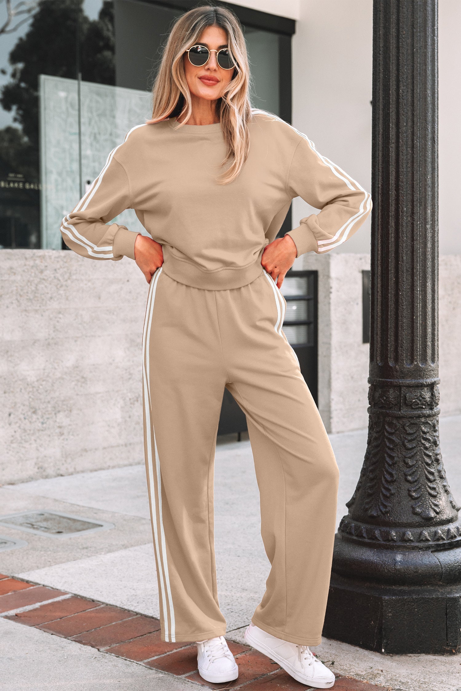 Varsity Striped Detail Crewneck Pullover Elastic Sweatpants 2pcs Co-ord - Two Piece Sets/Pant Sets