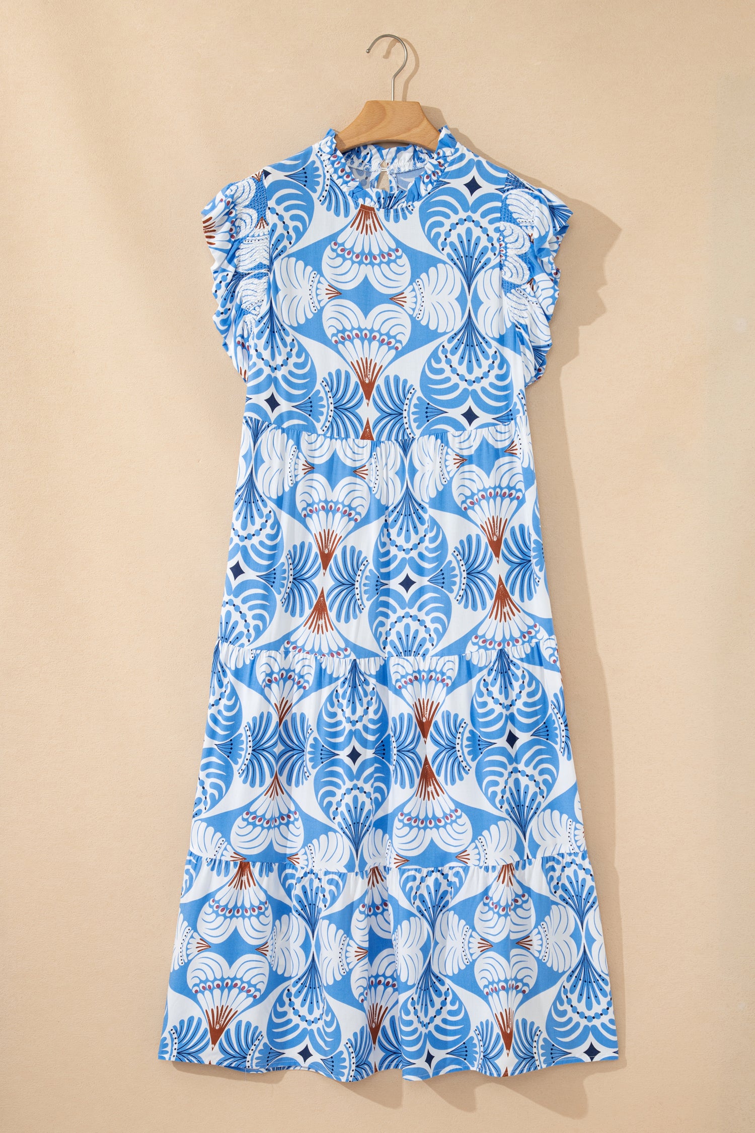 Tropical Botanical Print Flutter Sleeve Maxi Dress – Blue