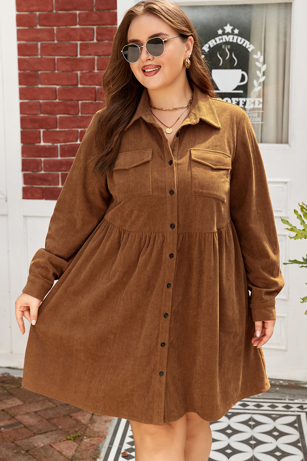 Soft Corduroy Full Buttoned Collared Shirt Dress Plus Size - eAura